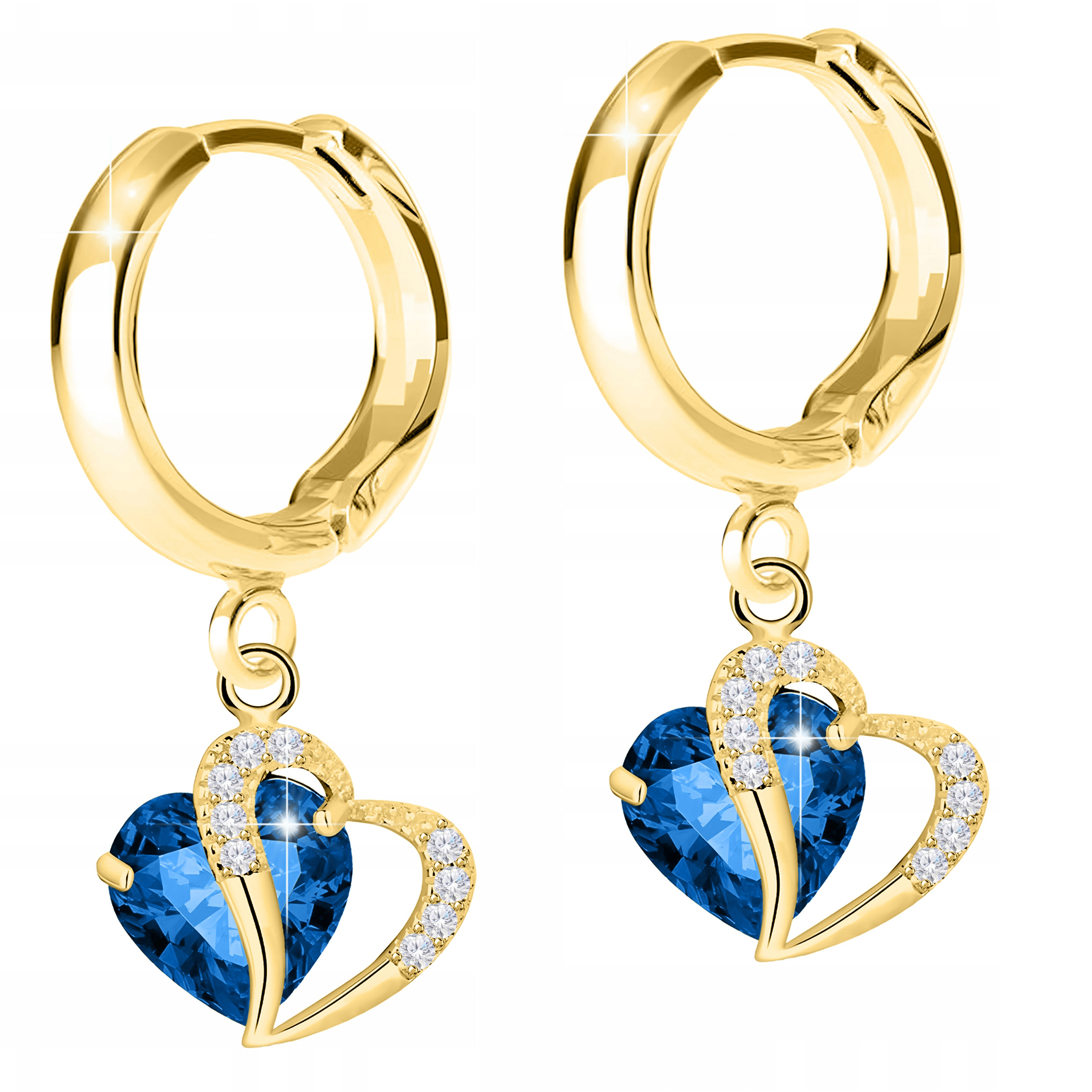 Zlaté Náušnice Modré Křišťálové Srdce Zirkony Stříbro 925