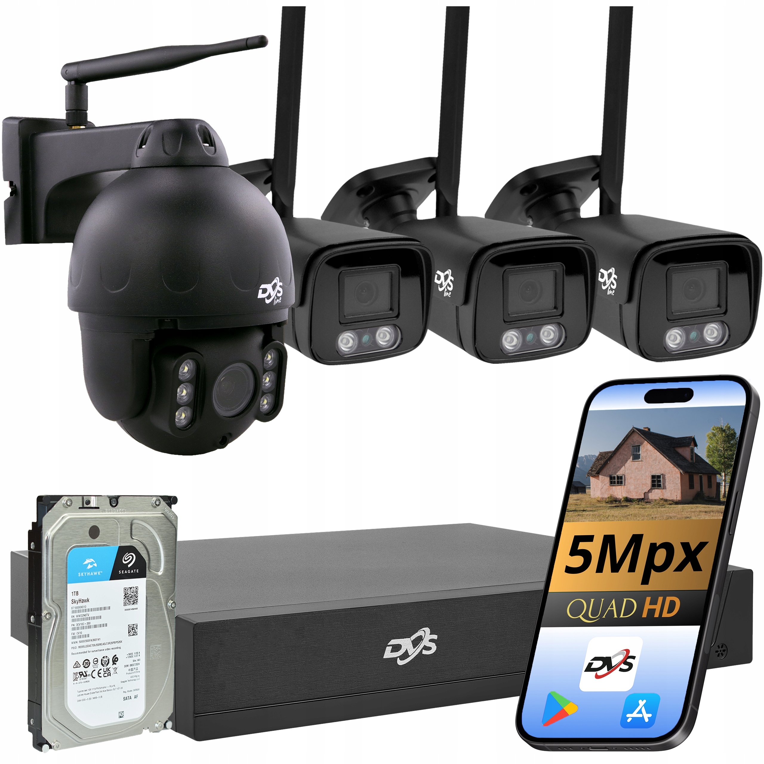 Sada Černých Monitorovacích Kamer Dvs 5MPX 3x Tubová 1x Otočný Disk 1TB