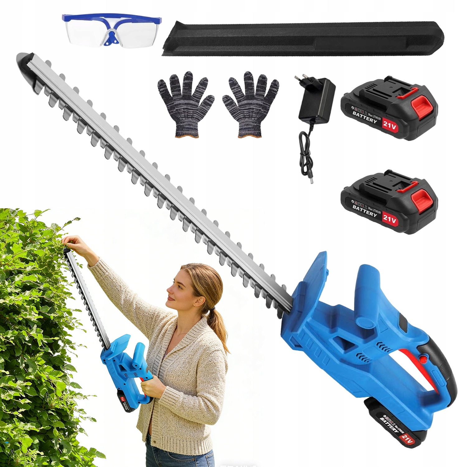 Akumulátorové Nůžky Na Živý Plot 21V 50 CM 15 MM, Silné, Sada 2 Akumulátorů