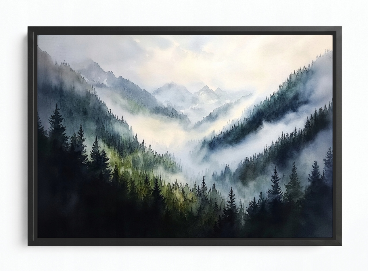 Obraz Rám Americká Krajina Akvarel Hory Vrcholky Les Stromy Mlha 120x80