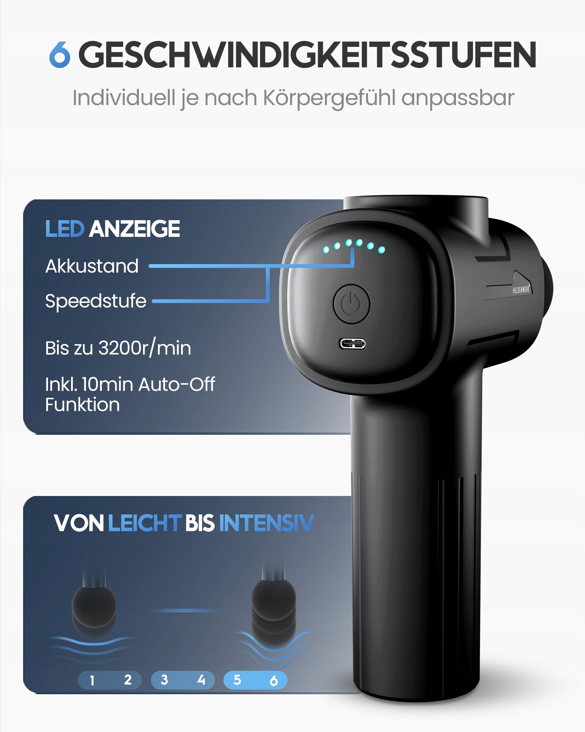 HELDENWERK Pistolet Do Masażu 6 Główki 3200 U/min USB-C Czarny — miniatura 3