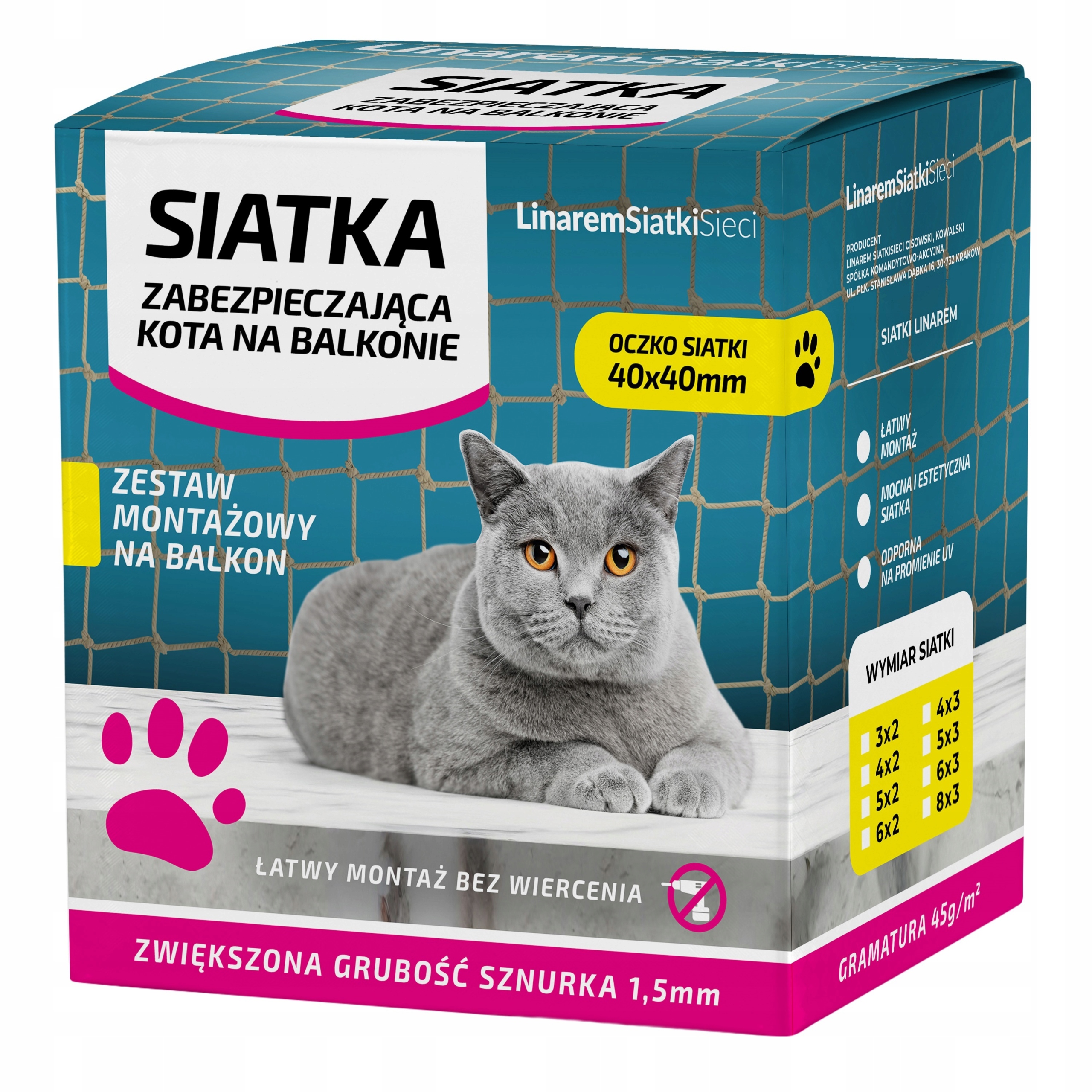 Set 6x2 Silná Síť Pro Kočky 1,5 mm Na Balkon Oko 40 mm Bez Vrtání