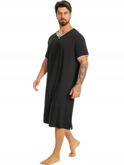 Pánská Noční Košile Viskóza Černá Dlouhé Tričko Na Spaní XXL