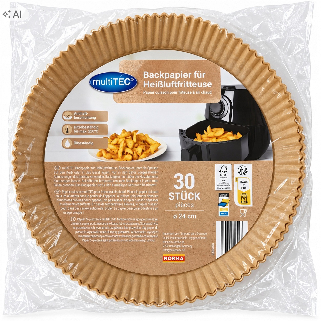 WKŁAD AIR FRYER PAPIER WKŁADY DO FRYTKOWNICY BEZTŁUSZCZOWEJ 30sztuk 24cm