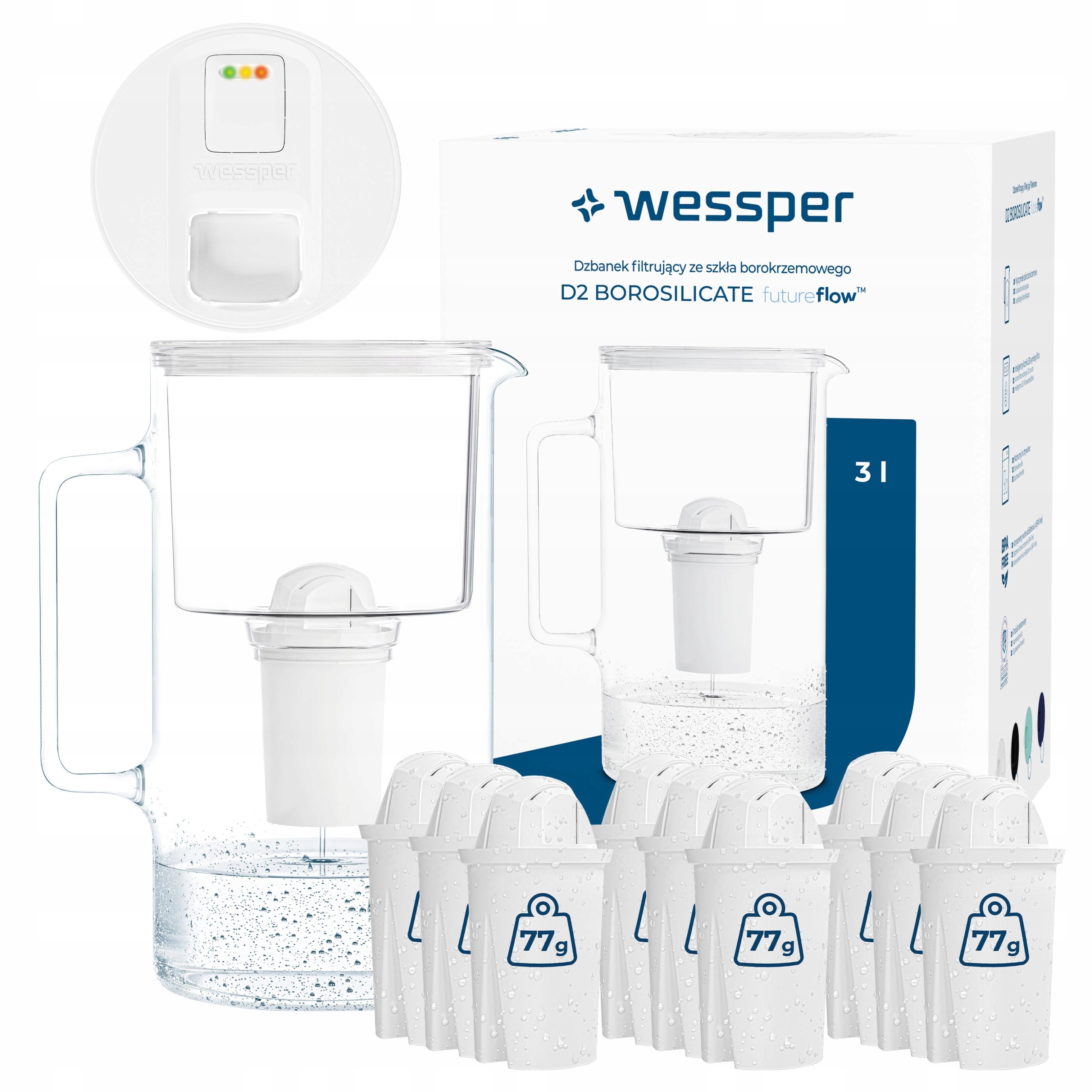 Szklany dzbanek filtrujący z licznikiem Wessper D2 Borosilicate 10x filtr
