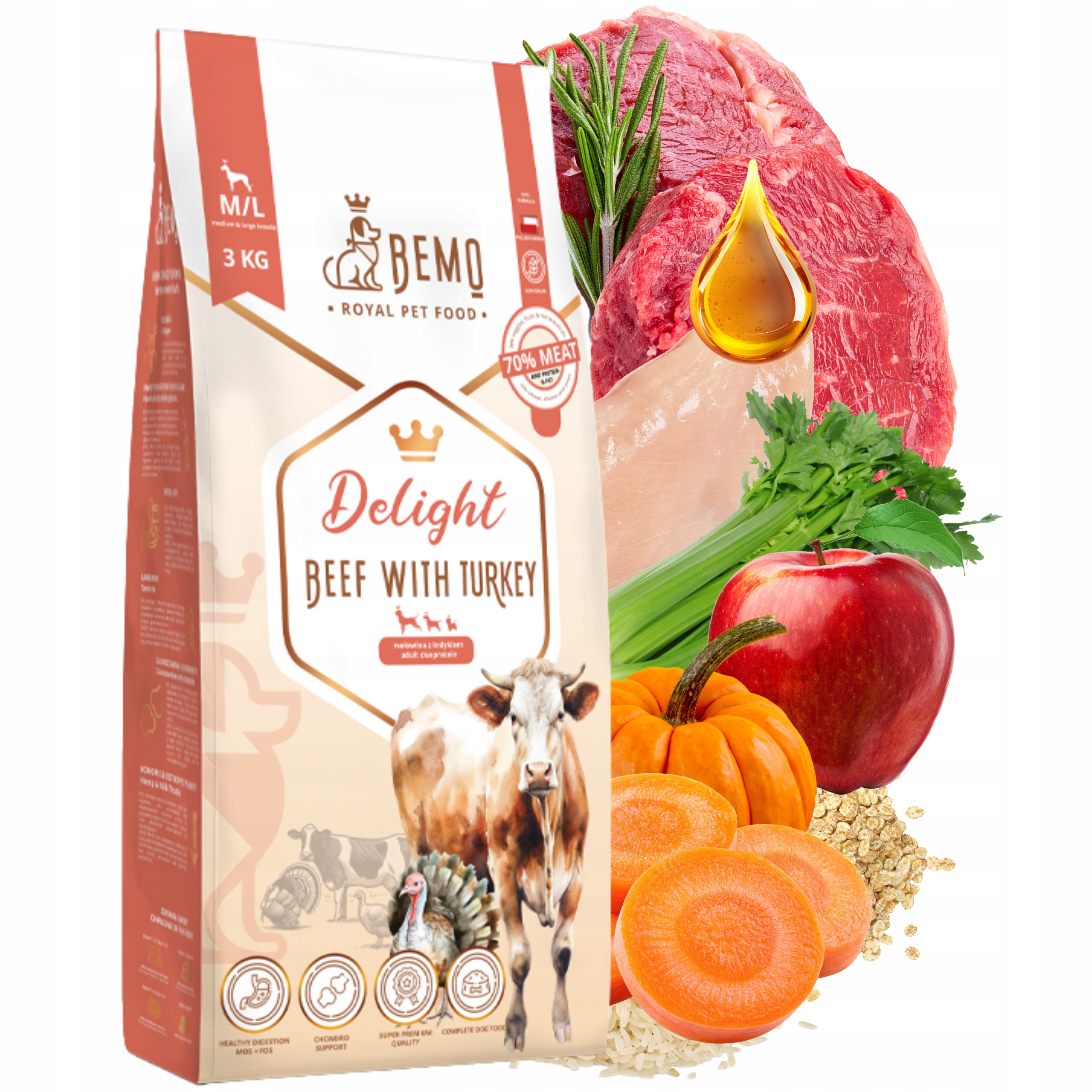 Levně Bemo Delight Krmivo pro psy Hovězí maso Krůta střední velká plemena M/L 3 kg