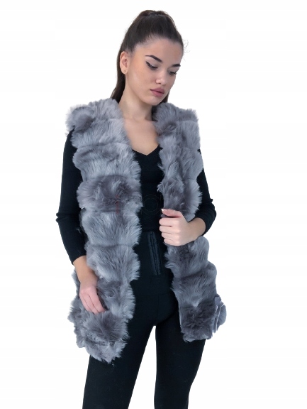 KAMIZELKA FUTRZANA KRÓTKA FUTRO SZARA WLOCHATA Kaptur bez kaptura