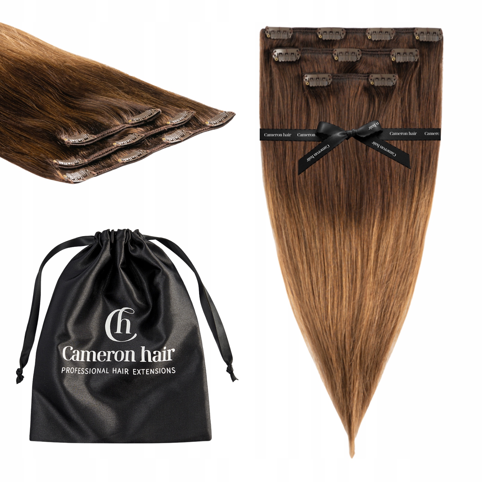 Přírodní vlasy Clip In 53 cm 3 pásky 60 g #T4/8 Ombre hnědá tmavě blond