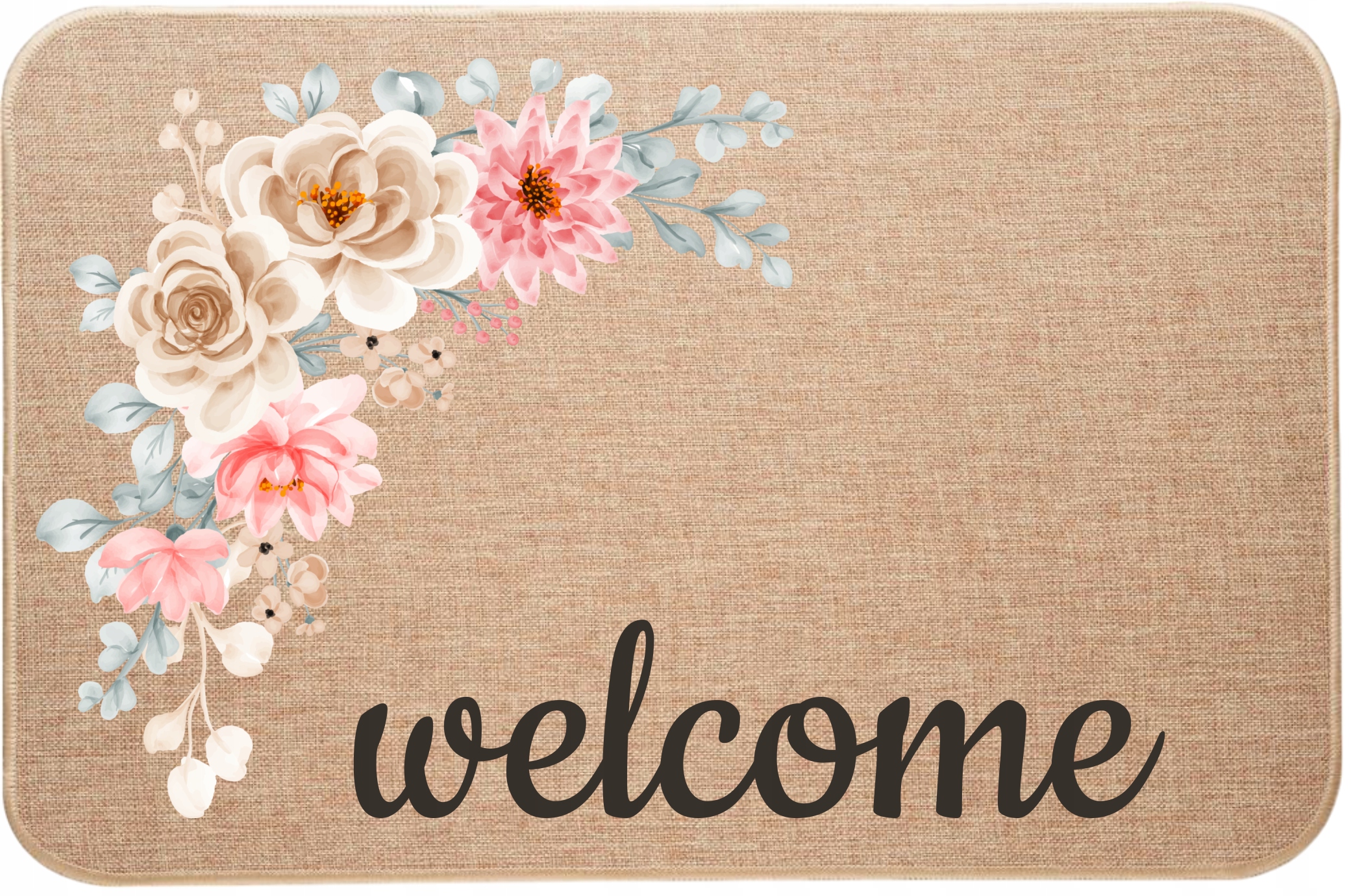 Vstupní rohožka z lnu s ozdobným květinovým potiskem Welcome WItaj