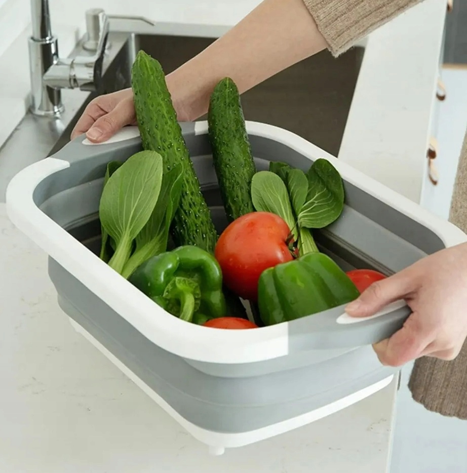 SKŁADANA MISKA SILIKONOWA DESKA DO KROJENIA OCIEKACZ PRZENOŚNA 3w1 ODPŁYW Pojemność 5 l