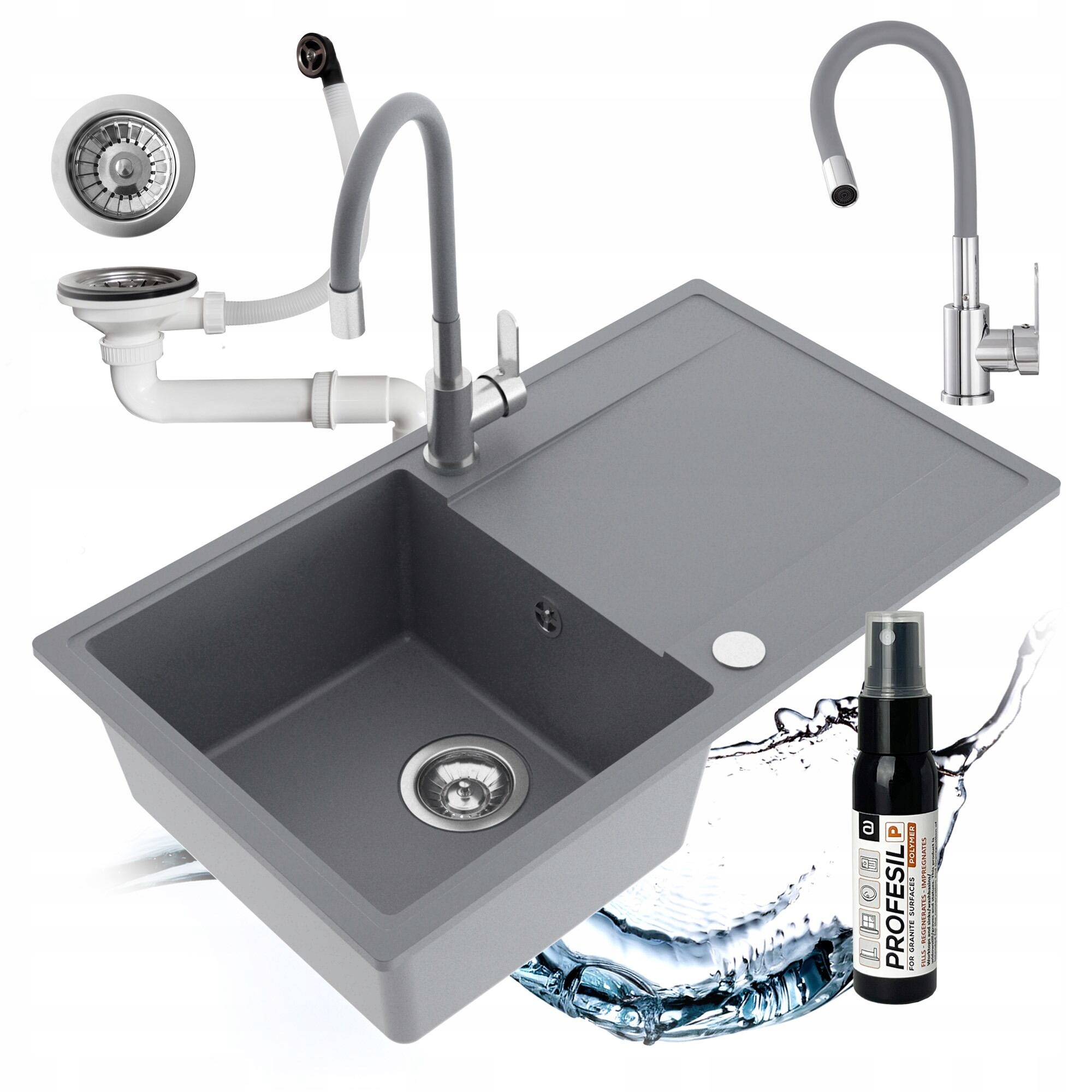 Granitový Jednokomorový Drez Puro, Sada Sifónov, Flexibilná Batéria