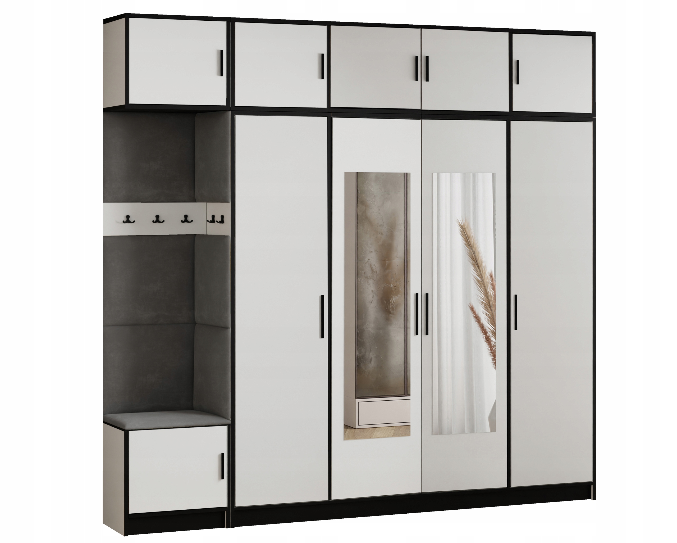 Šatní skříň Dior 15 bílá šedá tkanina, sedák s nástavcem