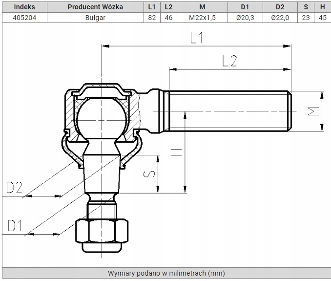 KOŃCÓWKA DRĄŻKA PRZEGUB M22x1,5 Z NAKRĘTKAMI PRAWA BUŁGAR 1792 ORYGINAŁ Numer katalogowy części 405204/1+N2014