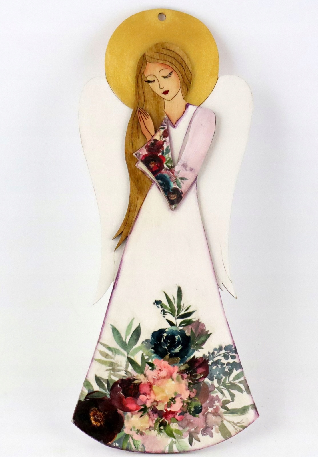 Malý dřevěný světle zlatý anděl s květy vínové pivoňky