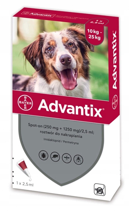 Bayer Advantix krople dla psów od 10 do 25 kg (4 x 2,5 ml)+gratis!