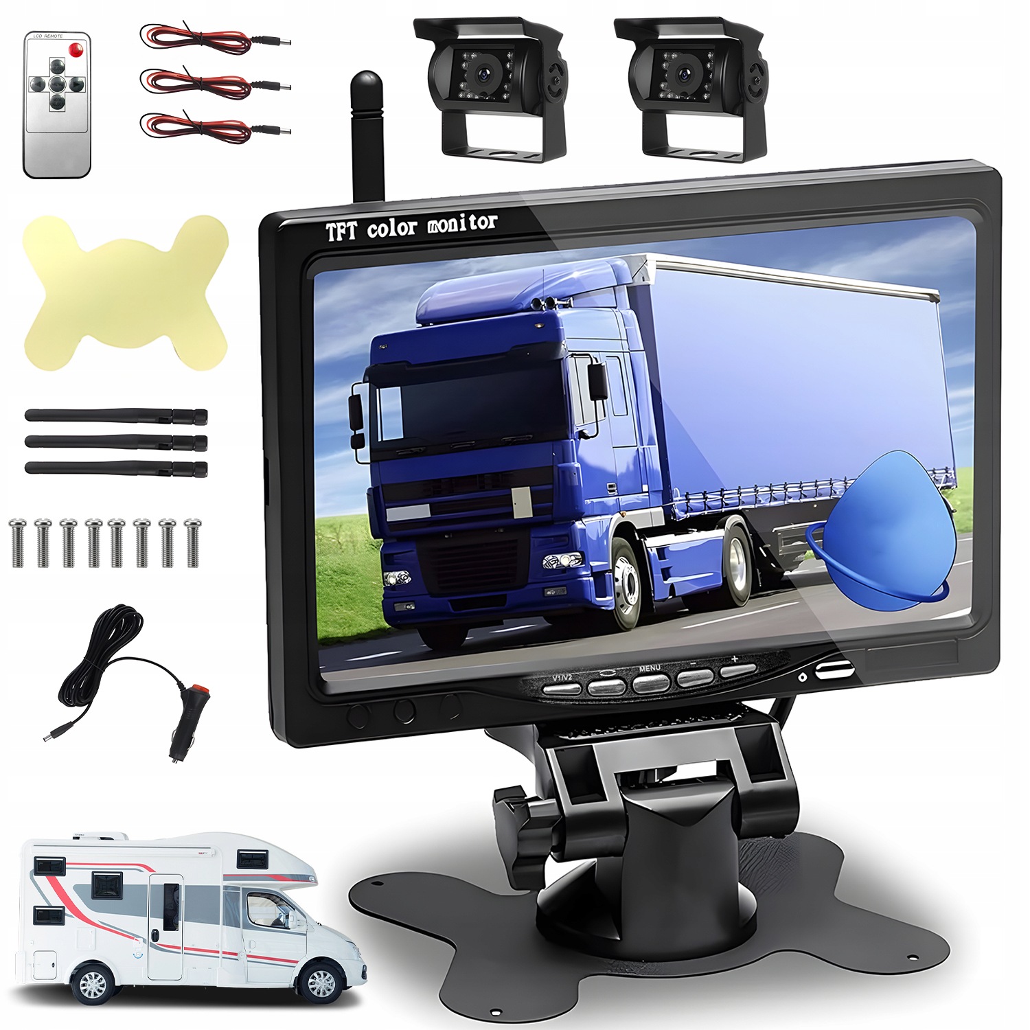 Bezdrôtový Monitor 7" Cúvací Set 2X Kamera Pre Tir Bus Traktor IP68