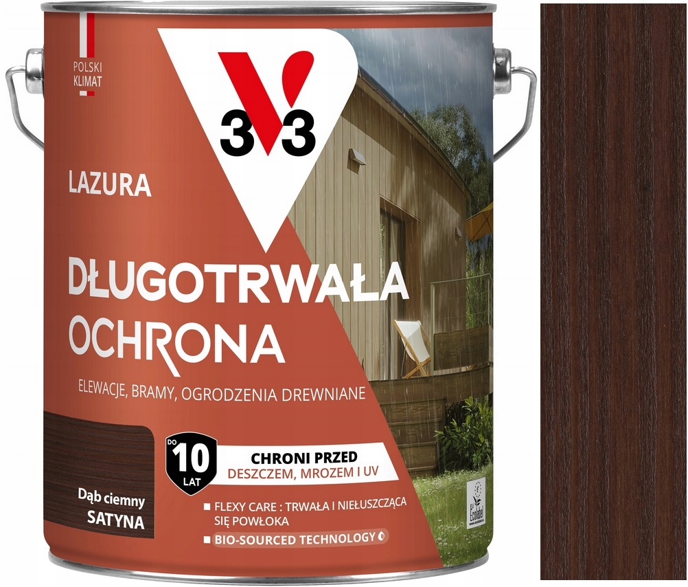 V33 Lazura 10 Lat Długotrwała Ochrona Drewna Podbitki Płoty Dąb Ciemny 4.5L