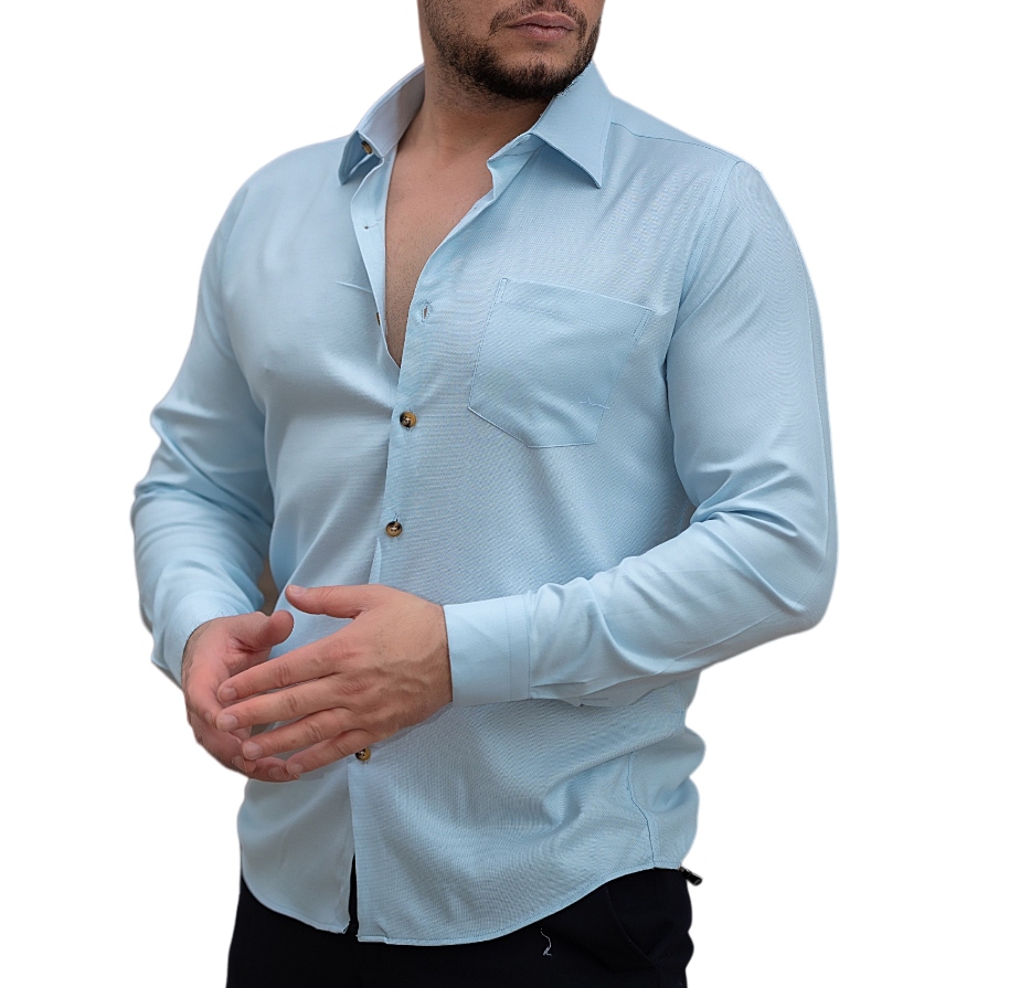 Elegantní Klasická Pánská Košile Hladká S Modrou Kapsičkou M