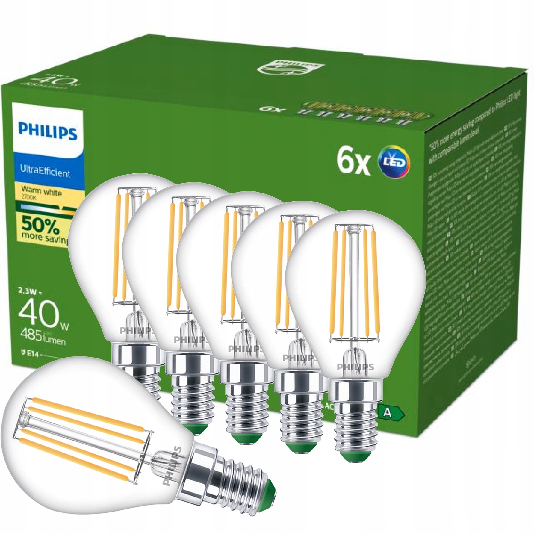 Led žárovka E14 Philips Kulka 2.3W 40W 210lm/W 2700K Teplá Třída A 6 ks