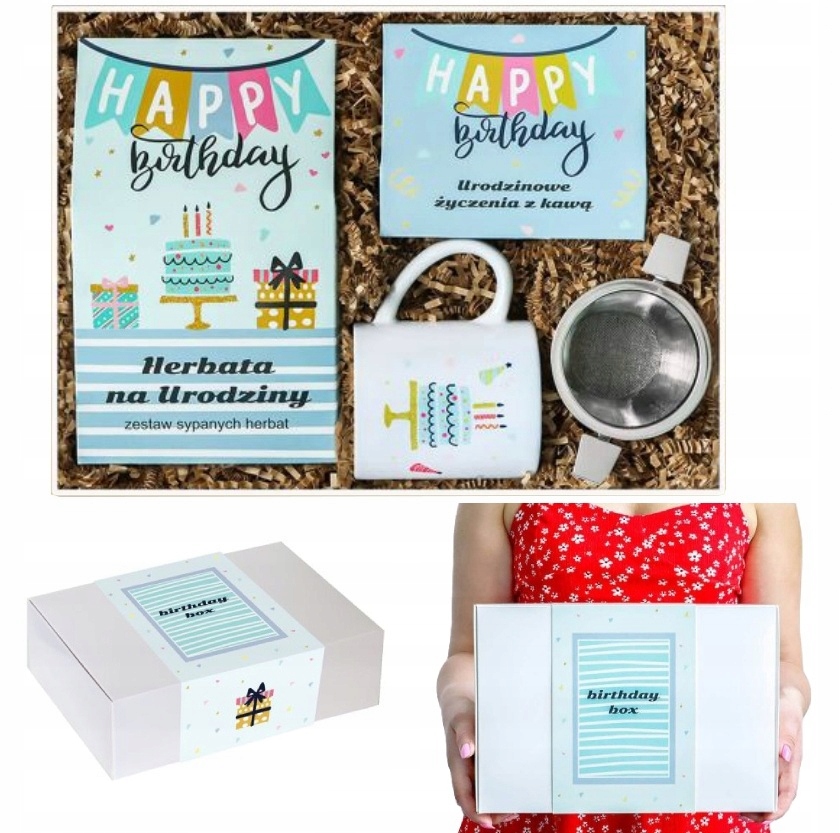 Zestaw Upominkowy Na Urodziny Dla Kobiety Kawa Herbata Kubek Zaparzacz