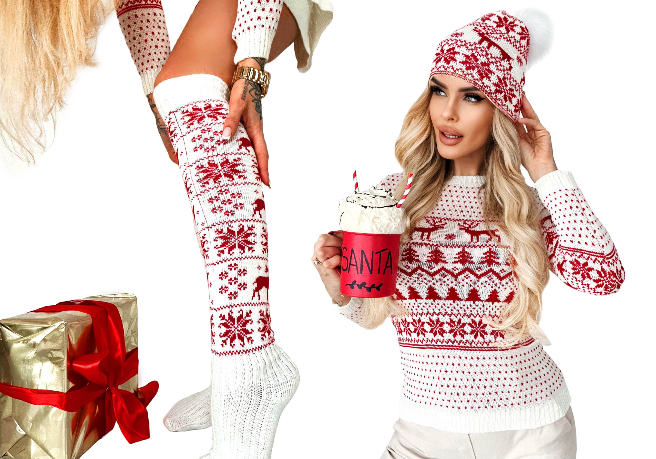 KOMPLET ŚWIĄTECZNY SWETER PODKOLANÓWKI CZAPKA BIAŁY ŚWIĘTA PREZENT + GRATIS