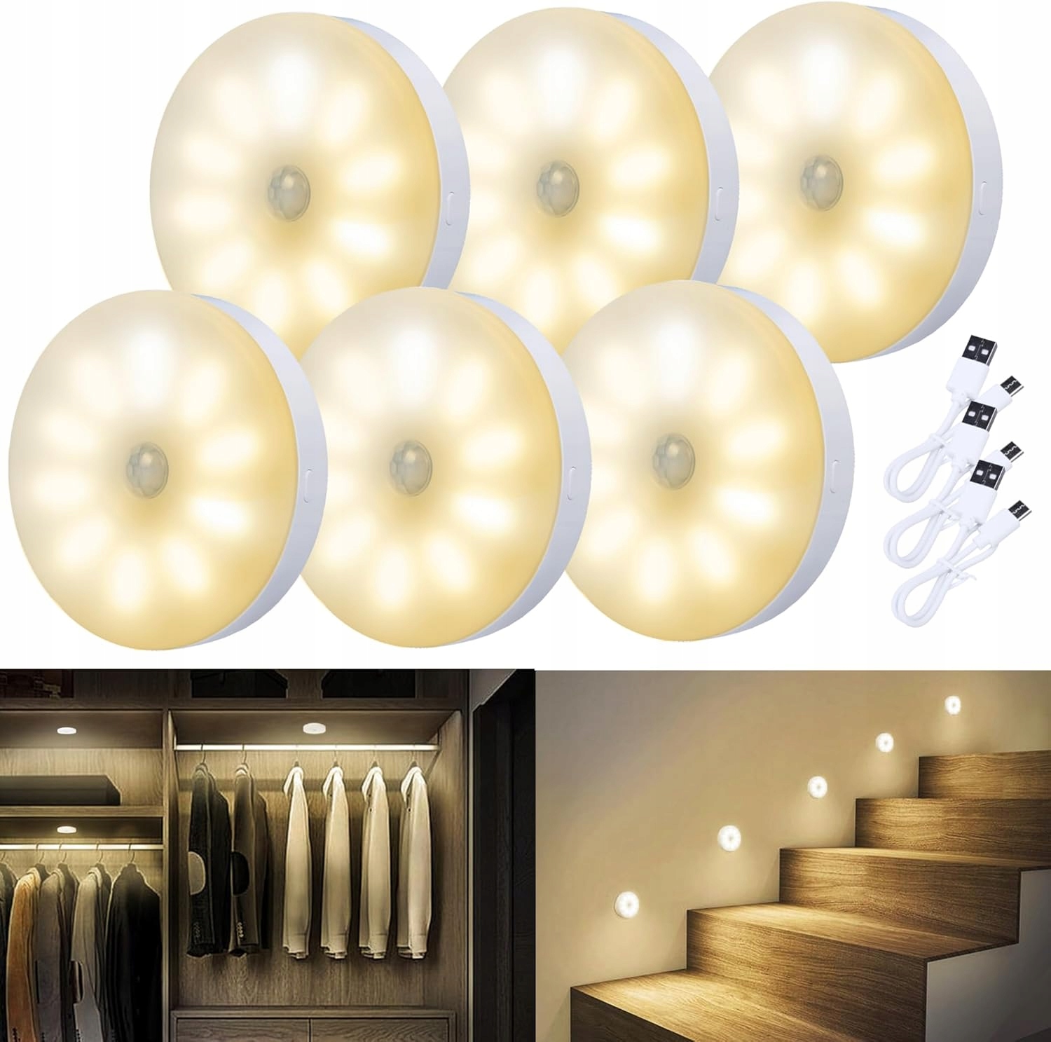 Noční Lampa Led S Pohybovým Senzorem Bezdrátová Nástěnná Lampa 3000K 6 Ks
