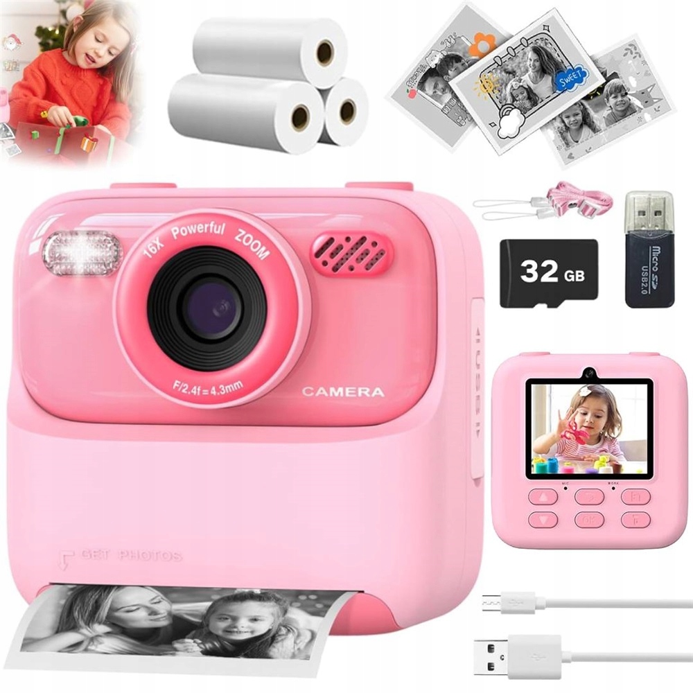 Fotoaparát Pro Děti Digitální Instantní 32GB Karta 3 Role