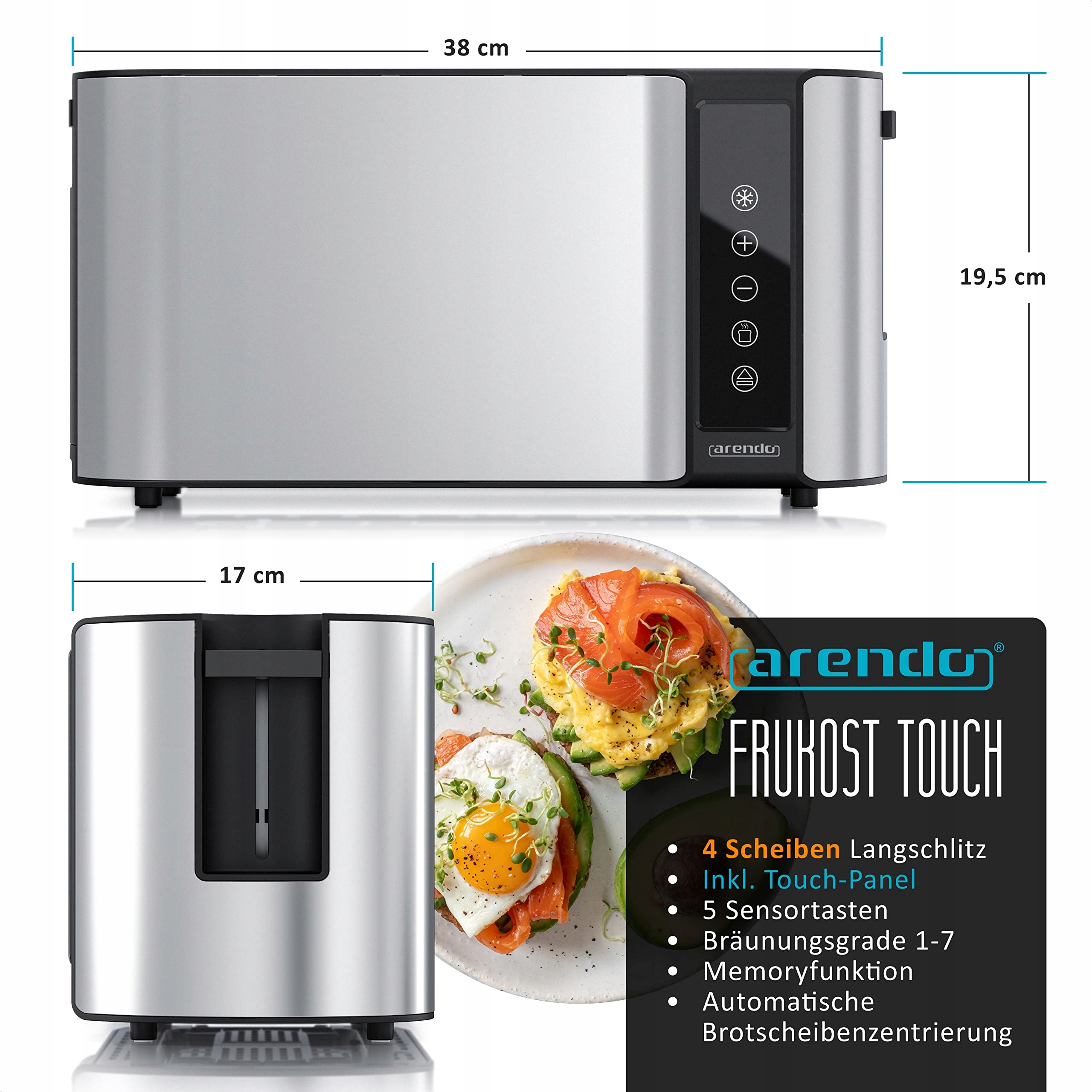 ARENDO Toster Stalowy 4 Kromki, Ekran Dotykowy, 1500W, 7 Stopni — miniatura 2