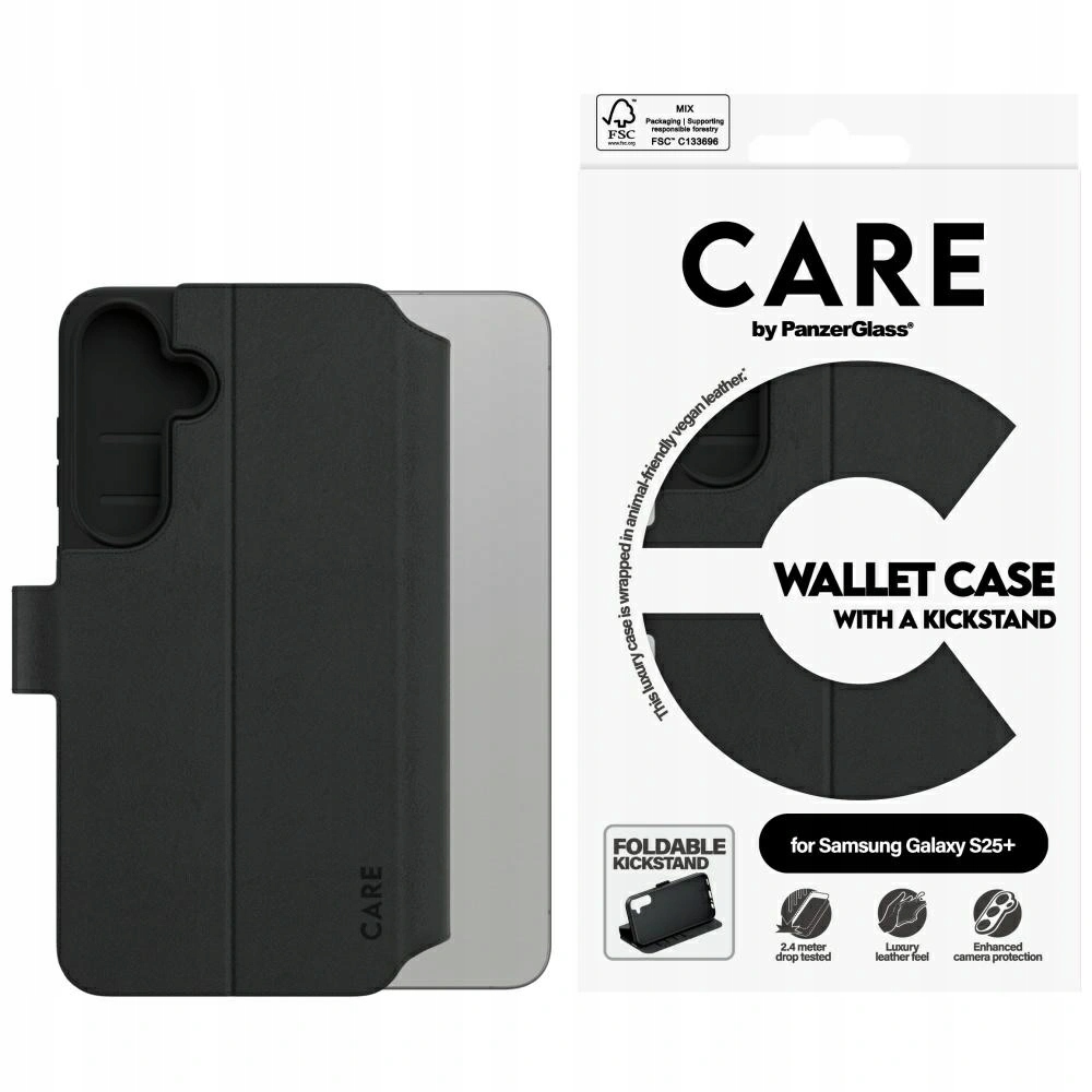 Flipové pouzdro Care by PanzerGlass Wallet Kickstand pro Galaxy S25+, černé