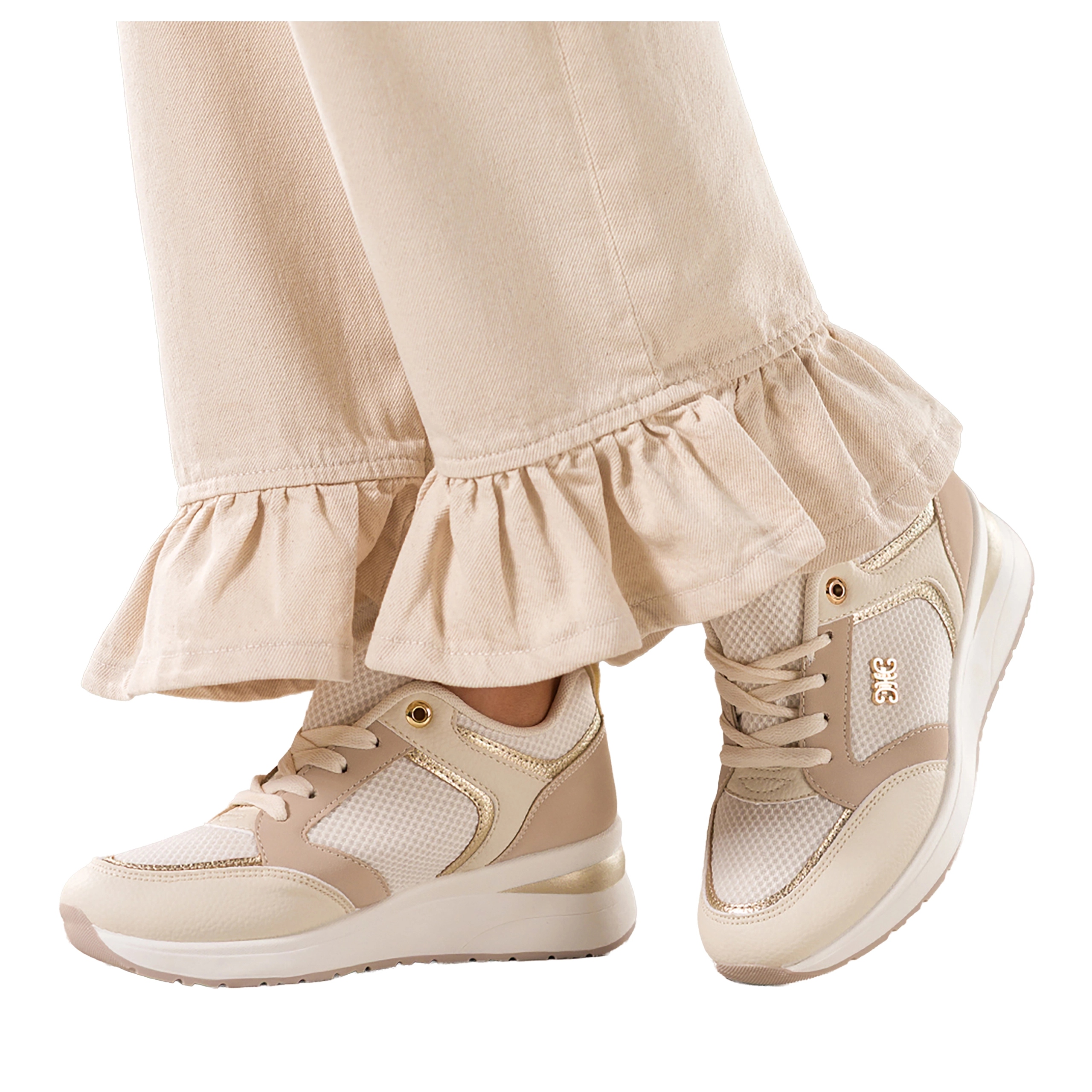 Dámské krémové Sportovní Tenisky se síťkou, zlatá ozdoba, Šněrované, velikost 41