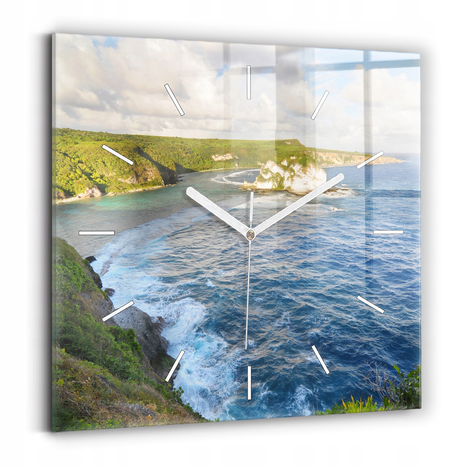 Čtvercové skleněné foto hodiny s fotografií Pobřeží oceánu 30 x 30 cm