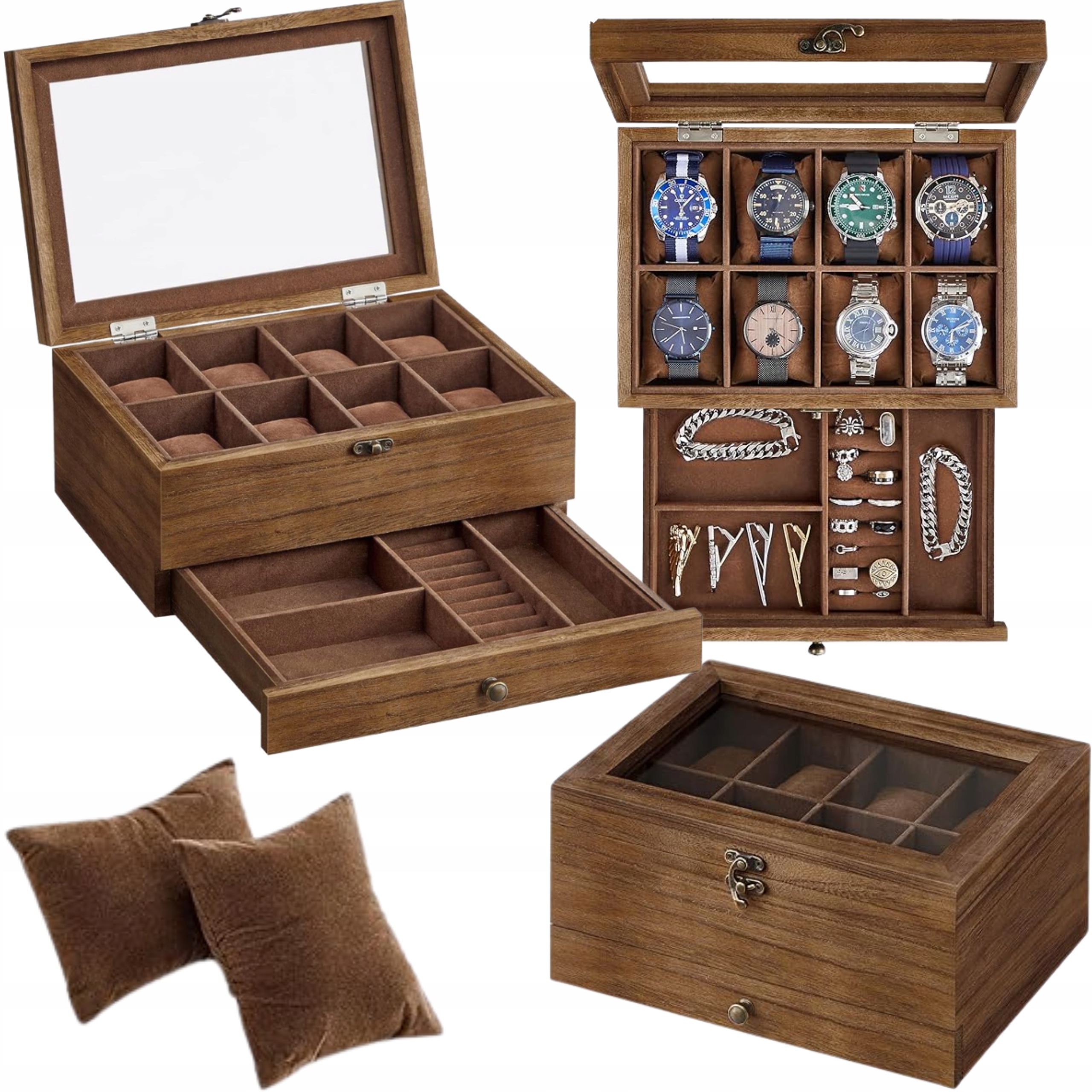 Dřevěná Krabička Organizér na hodinky Šperky Kufřík Krabička Hnědá