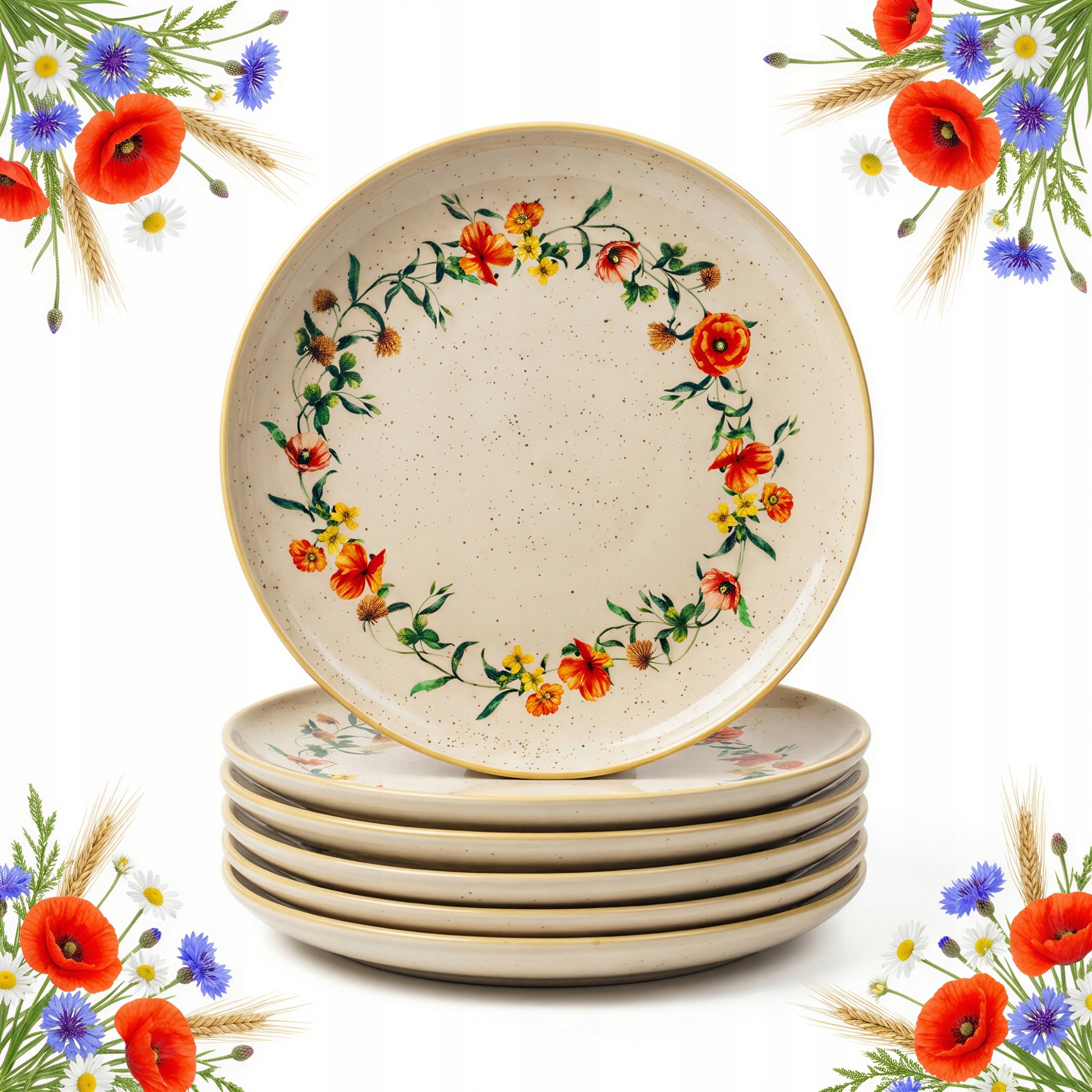 Talíře 6 ks Jídelních Talířů Velkých 27 cm Keramika Polní Květiny Maki