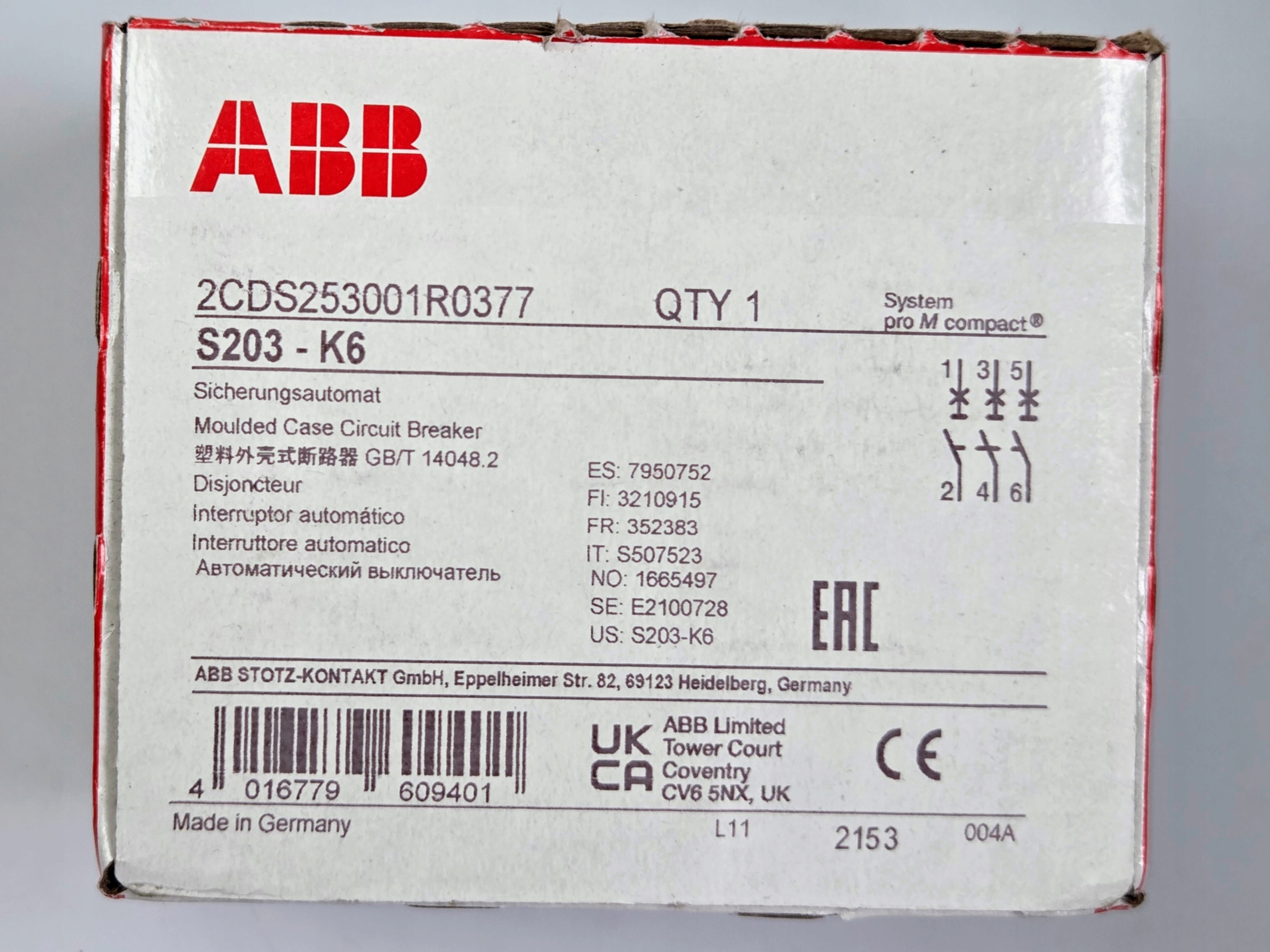 Nadproudový spínač Abb S203-K6 3P K 6A 2CDS253001R0377