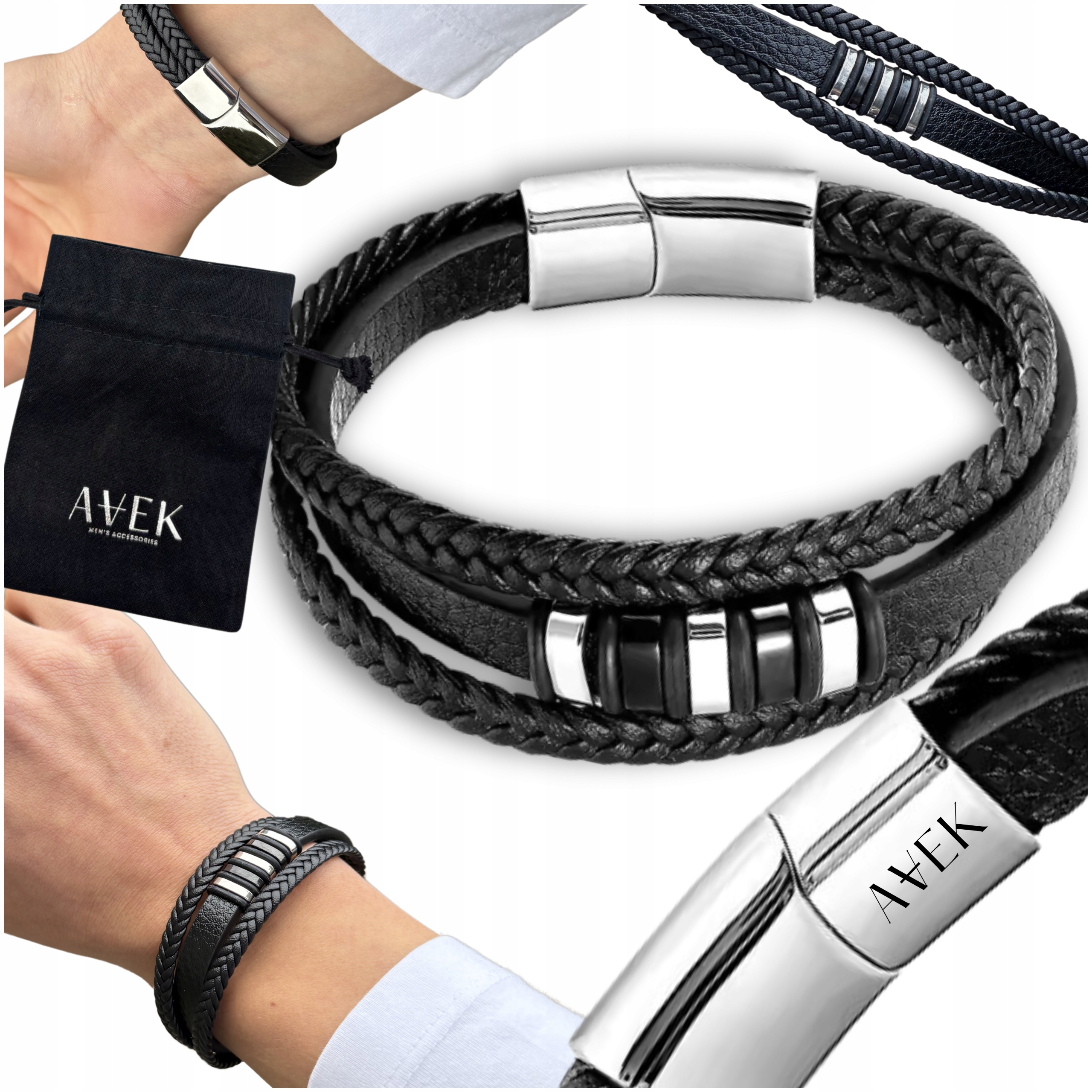 Pánský Náramek Z Černé Ocel Široký 21 CM S Koženým Náramkem Jako Dárek