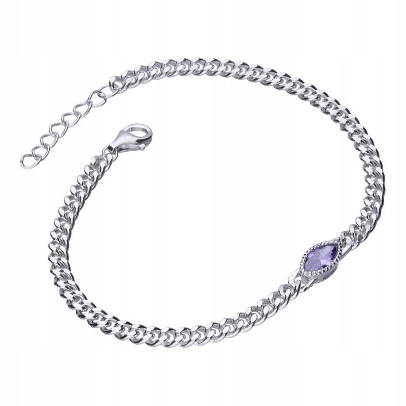 Náramek Ze Stříbra 925, Široká Pancéřová Vazba S Fialovým Zirkonem