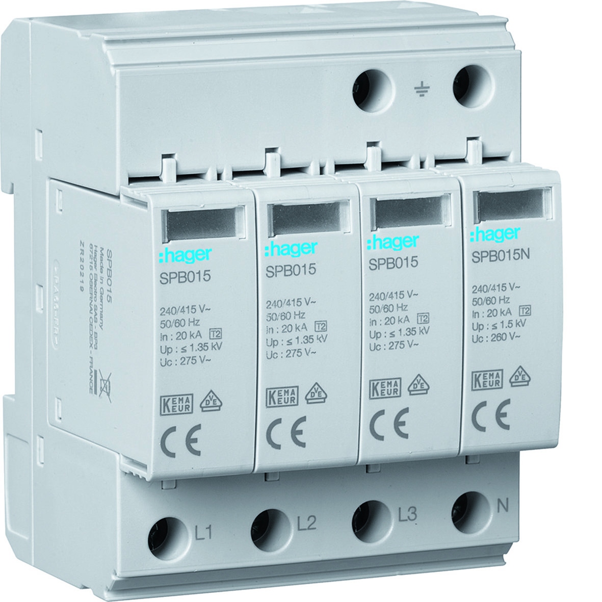 Přepěťová ochrana T2 4P 3+1 pro síť Tn-s/tt In=20kA Up1,35kV Uc=275V