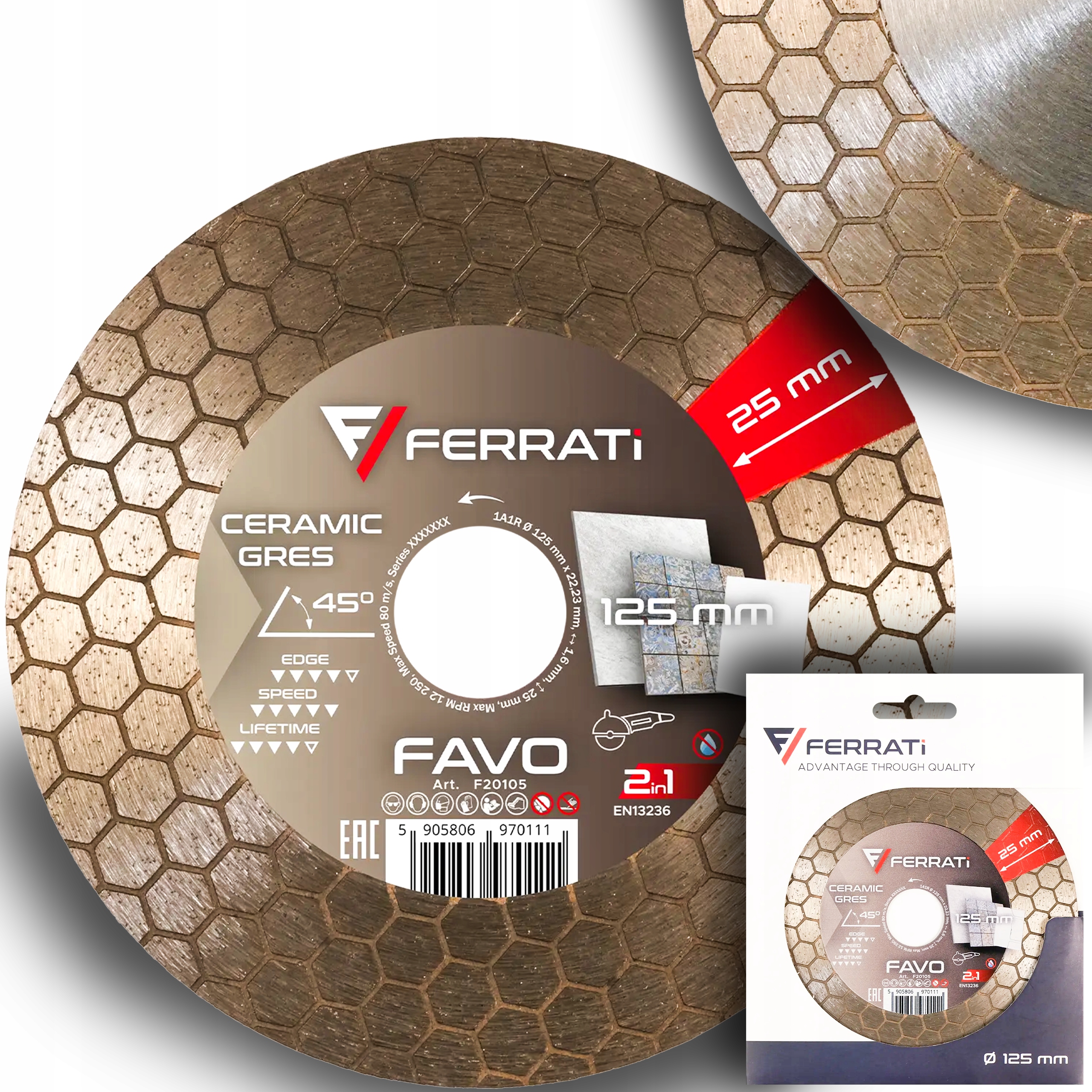 Tarcza Diamentowa Do Cięcia Gresu tnąco szlifująca 45° Favo 125mm Ferrati