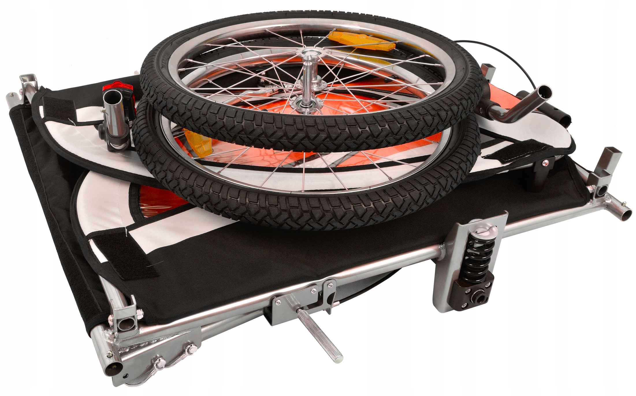 PRZYCZEPKA ROWEROWA 2-OSOBOWA SKŁADANA AMORTYZACJA JOGGER 3w1 GRATIS LEDY Długość 170 cm