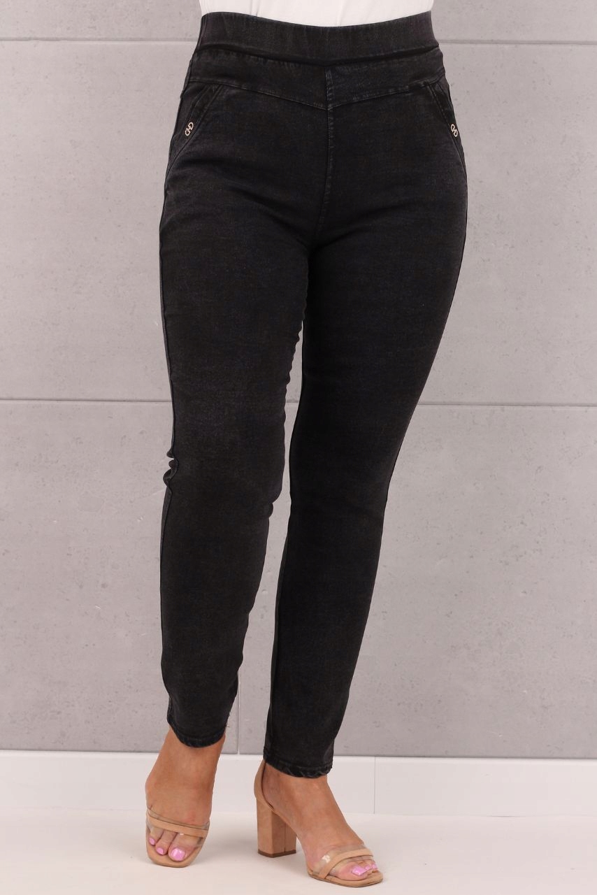 SPODNIE BAWEŁNIANE CZARNE JEANSY NA GUMCE DUŻE ROZMIARY ELASTYCZNE Stan (wysokość w pasie) wysoki