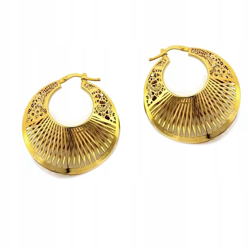 dámské zlaté náušnice 585, prolamované kruhy s proužky a ornamentem jako dárek