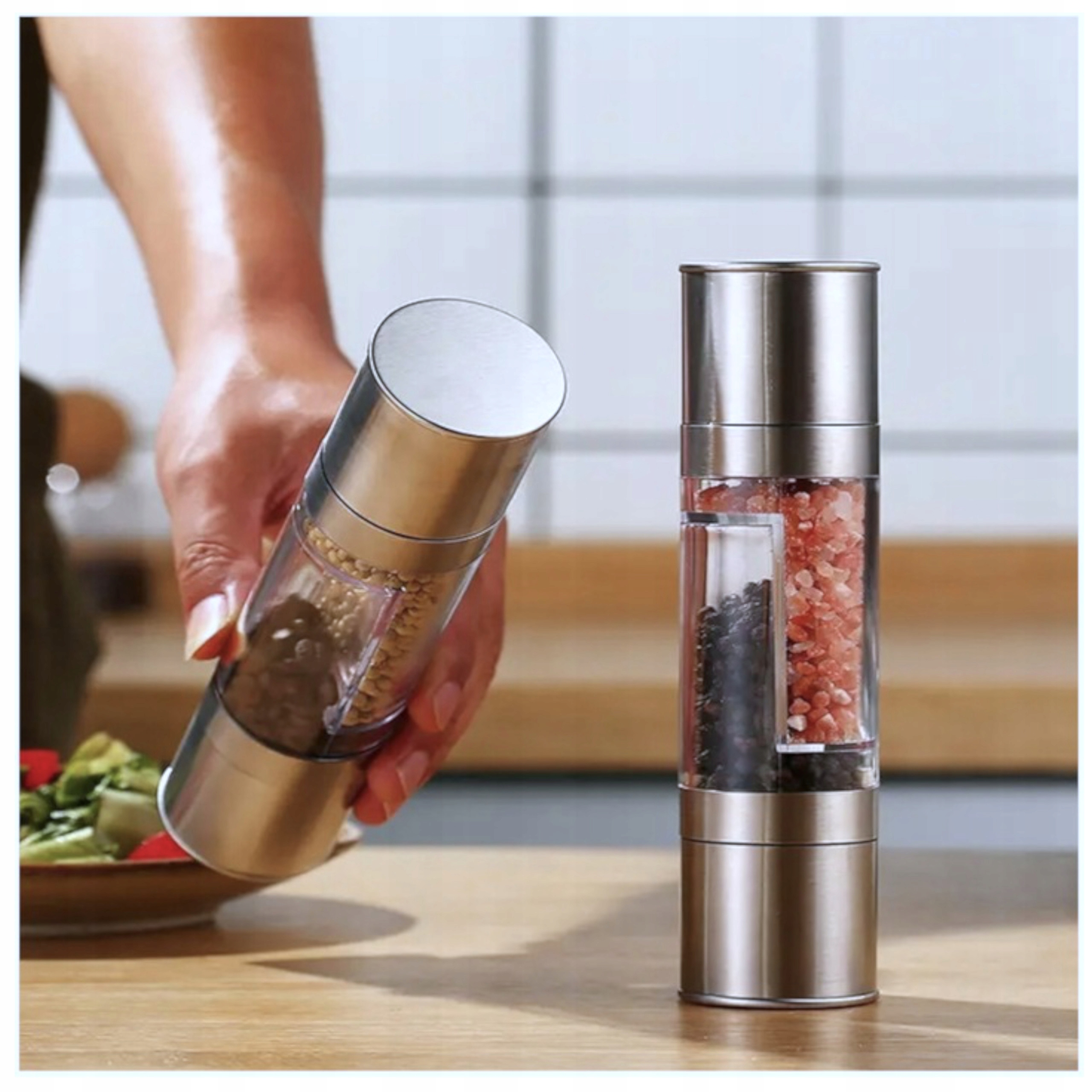 MŁYNEK RĘCZNY PODWÓJNY 2w1 DO PIEPRZU I SOLI STAL NIERDZEWNA DWIE GŁOWICE Kod producenta brak