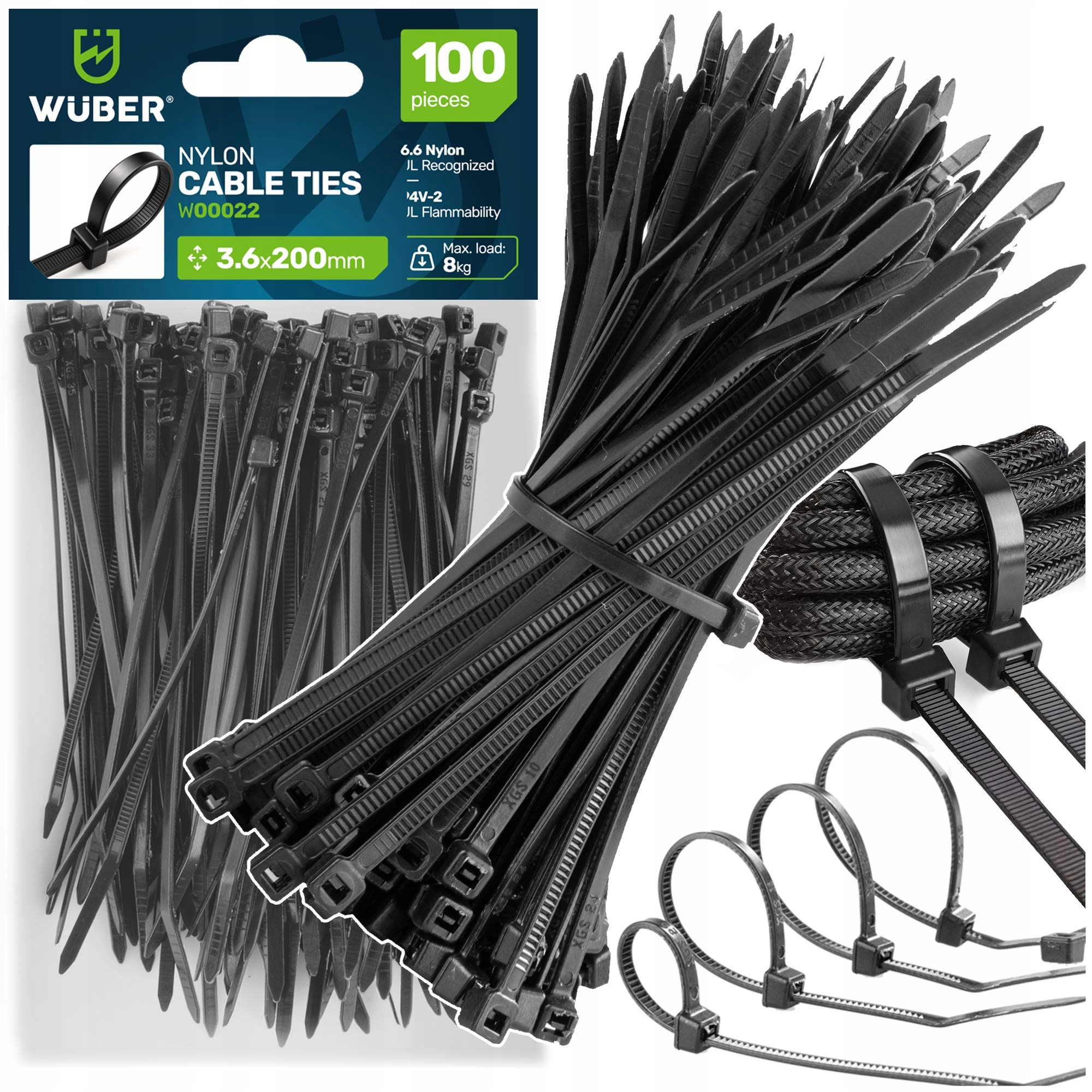 Opaski Zaciskowe Trytytki 3,6x200 Nylonowe Czarne Mocne 100 Szt Wuber