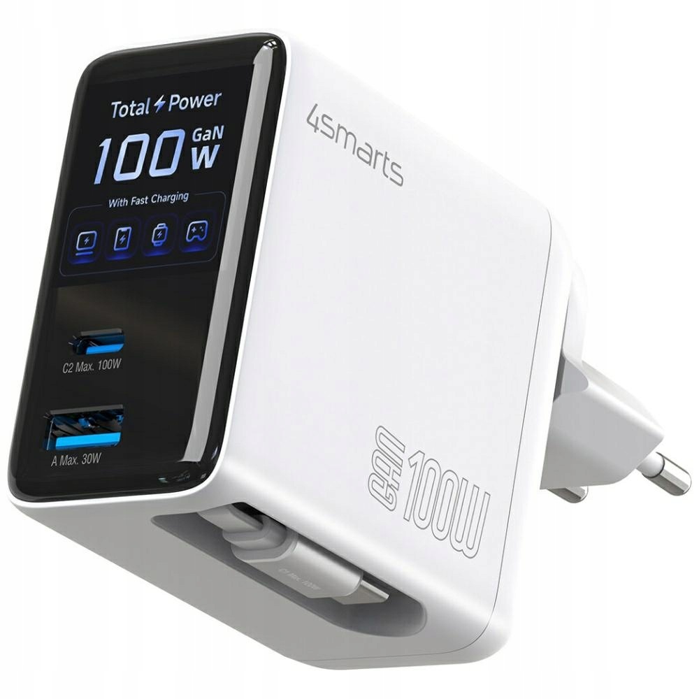 Nabíječka 4smarts GaN Flex Screen Ai 100W 2xUSB-C Usb-a bílá