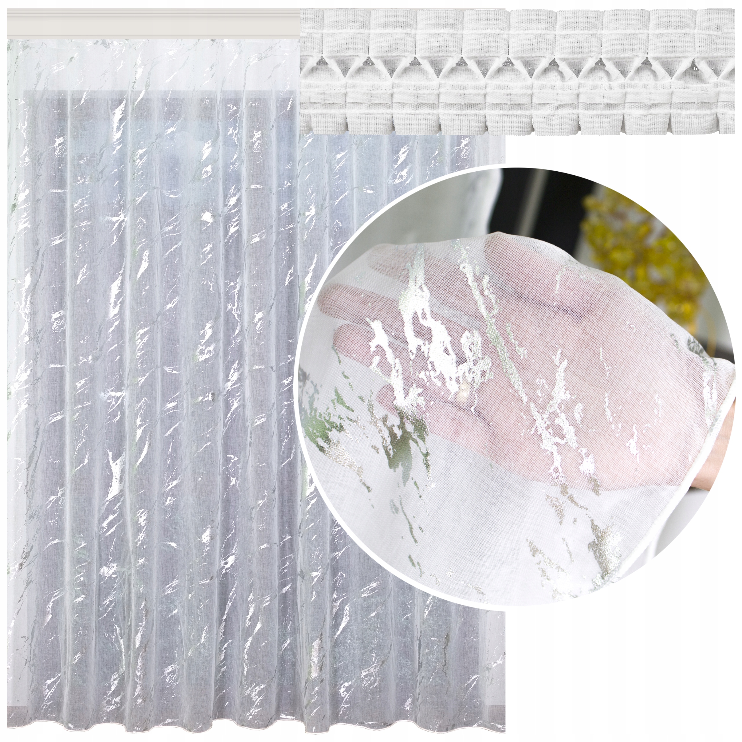 Záclona Clara Mramorek stříbrný potisk etaminu s olověnou páskou 800 x 150 cm