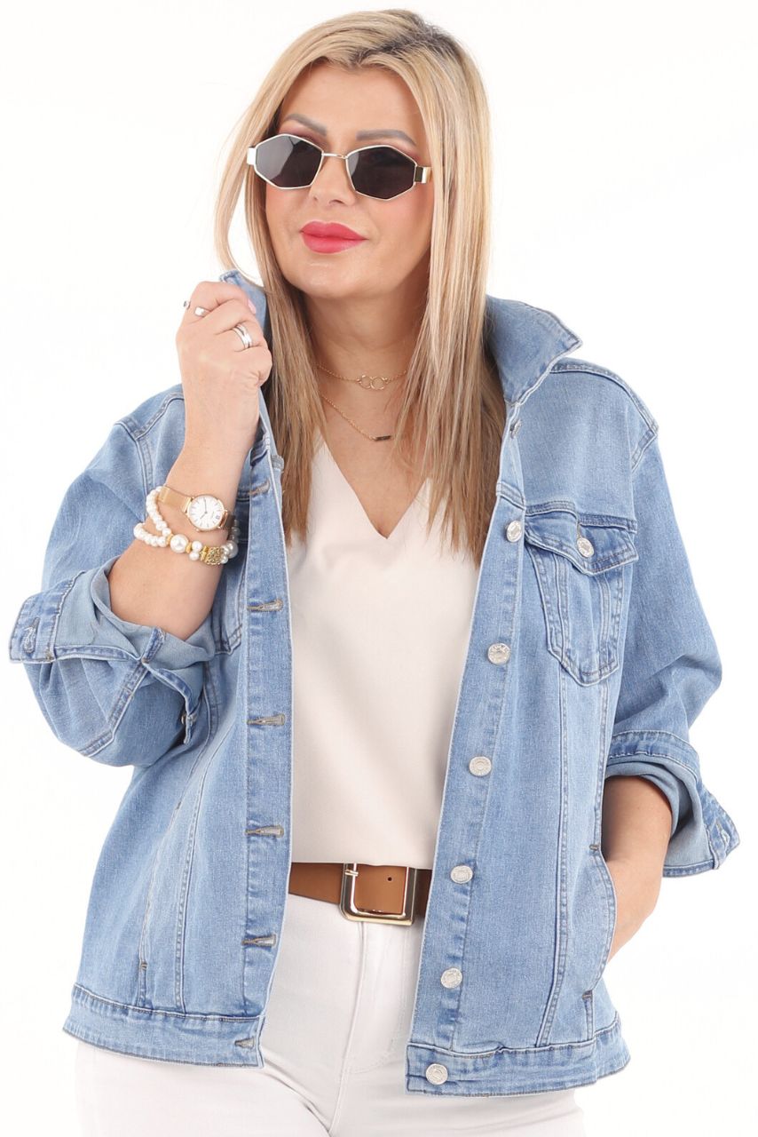 KATANA DAMSKA KURTKA JEANSOWA DUŻE ROZMIARY OVERSIZE SPORTOWA JEANS LUŹNA Marka FEMIMODA