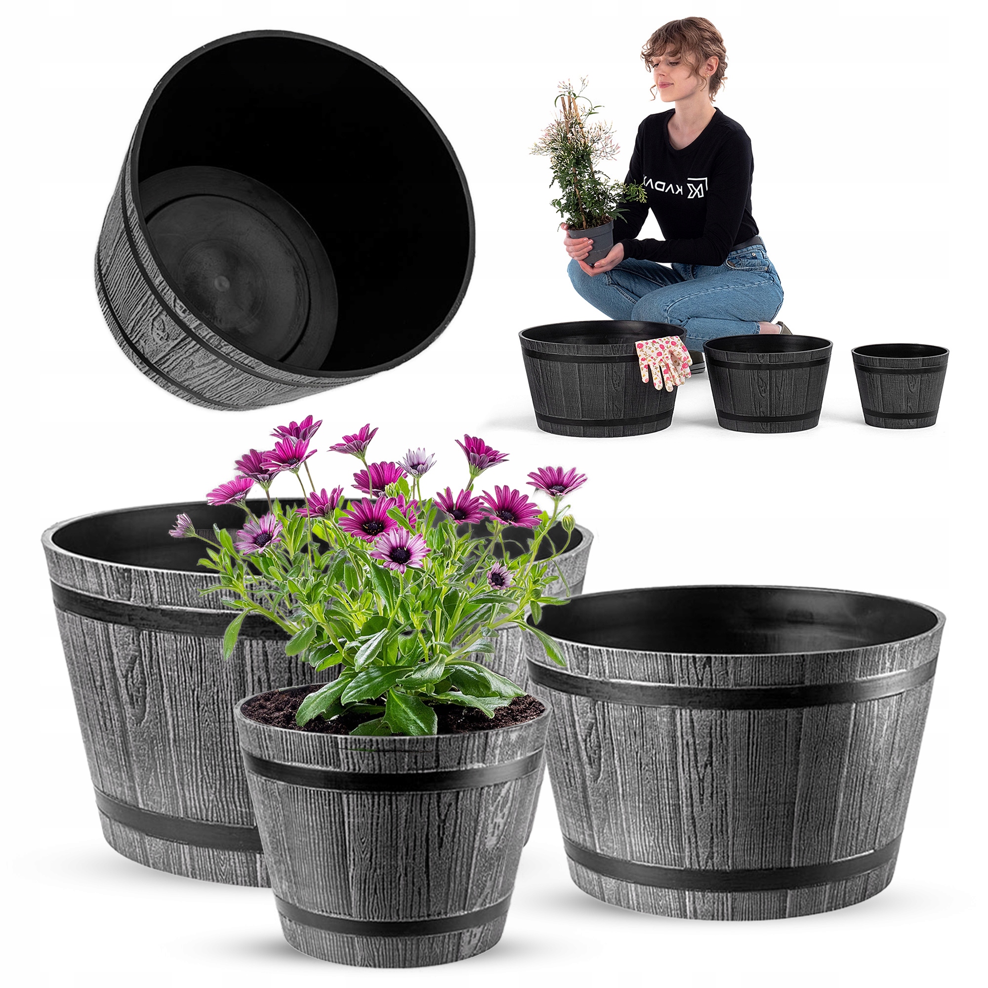 Doniczka Donica Ogrodowa Na Kwiaty Okrągła Zestaw 3 szt 23+30+40 cm szara