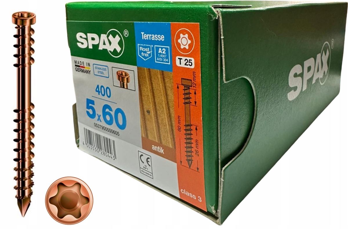 SPAX WKRĘTY 5x60 A2 STARE ZŁOTO ANTYK 400SZT Rodzaj wkręt