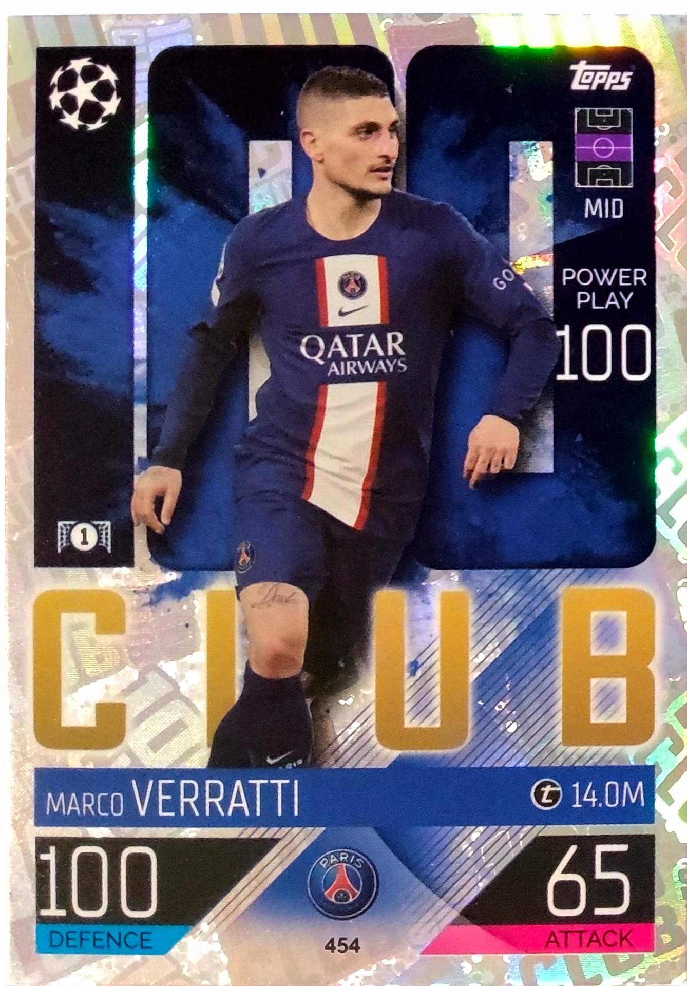 Topps Match Attax 2022-2023 100 Club 454 Marco Verratti Psg