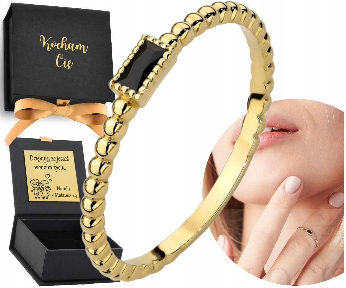 Zlatý Prstýnek Kuličky a černý obdélník 585 Gravírování Kuličkový Dárek